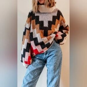 Karlie L Oversized Chevron Turtleneck Sweater Multicolor Chunky Knit Pullover